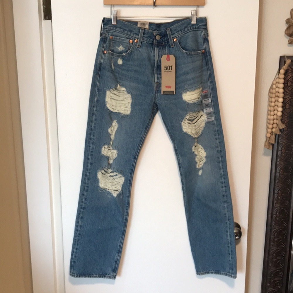 Levi's Men's 29x30 501 Original‎ Jeans Blue Distressed Ripped Straight NEW - Picture 2 of 12